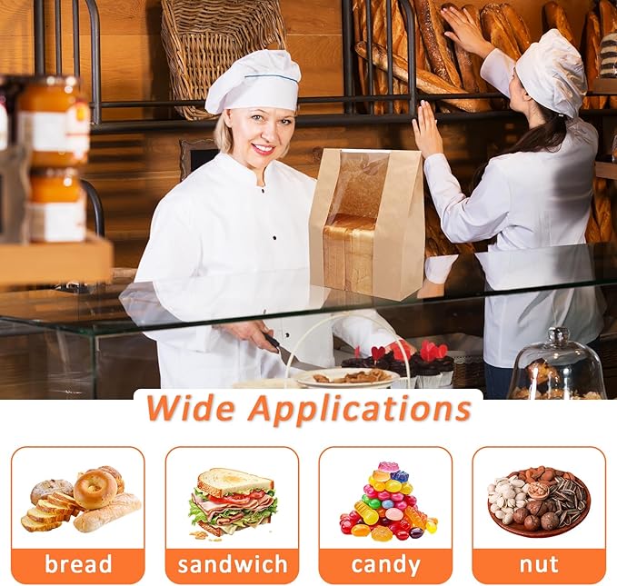 150 Pack Bread Bags for Homemade Bread Sourdough Bread Bags Large Kraft Paper Bakery Bag with Clear Window with Label Seal Stickers for Packaging Baked Food Bread Storage (13.7''x8.2''x3.5'')