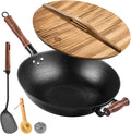 WANGYUANJI 14.2 Inch Cast Iron Wok with Wooden Lid and Iron Spatula, Flat Bottom Double-Handle Cast Iron Stir Fry Pan, Uncoated Chinese Wok for Induction, Gas and Electric Stoves