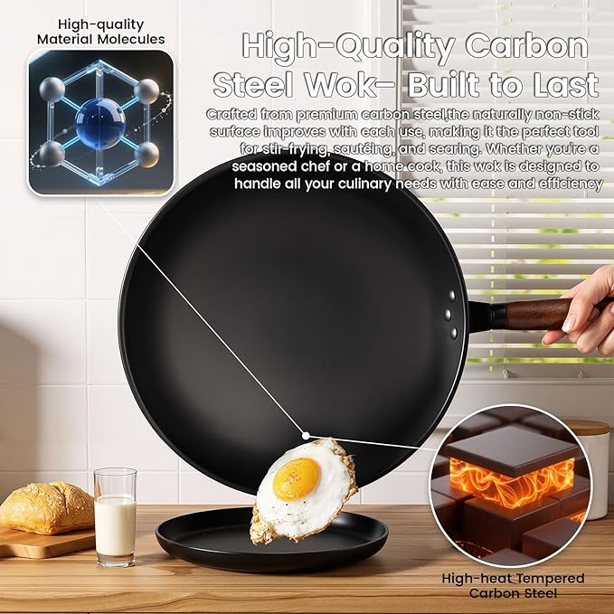 13-inch Round-Bottom Deep-Nitrided Carbon Steel Wok with Tempered Glass Lid & 304 Stainless Steel Rack, Naturally Nonstick After Seasoning, for Induction Wok Cooktops & Gas Stoves