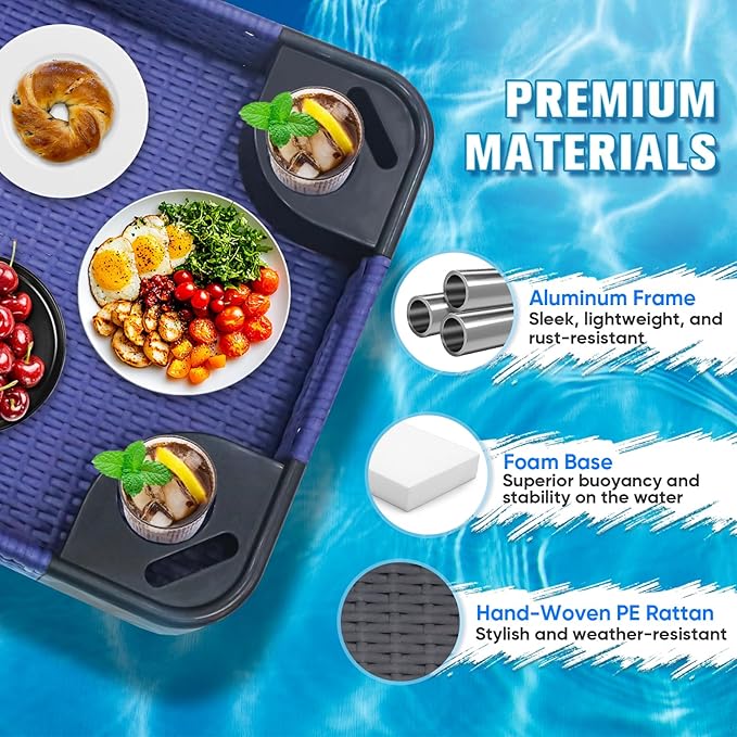 COOS BAY 24''x24'' Square Floating Drink Holder for Pool and Hot Hub, Large Floating Serving Tray with Handles, Wicker Floating Pool Tray for Food and Drinks, Blue