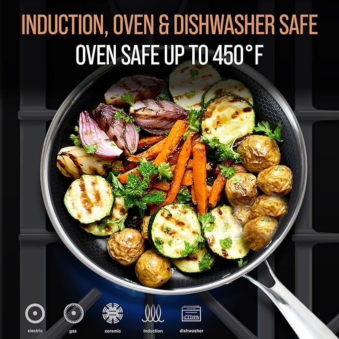 10” Non-Stick Stainless Steel Frying Pan with Lid | Honeycomb Hybrid Skillet for Induction, Gas & Electric Stovetops | Oven Safe, Dishwasher Safe | Premium Gift Packaging