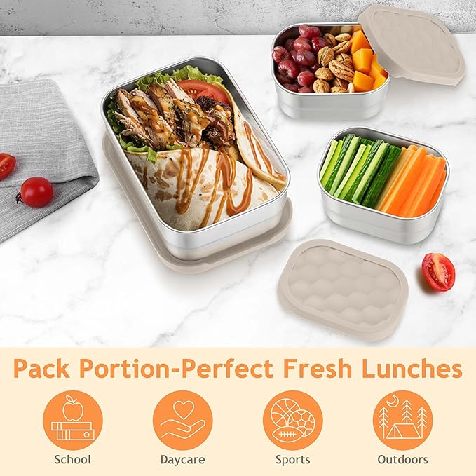 Homikit 3 Pack Kids Lunch Box Set, 18/10 Stainless Steel Bento Boxes with Silicone Lids Leak Proof, 5 Cups Reusable Metal Food Snack Containers for School Daycare, Nontoxic & Dishwasher Safe, Khaki