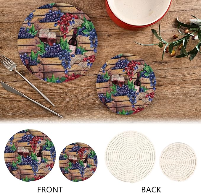 Kitchen Trivets Pot Holders Set of 2, Wooden Red Wine Grapes Trivets for Hot Pots Dishes Woven Trivet Coaster Pad Mat for Counter