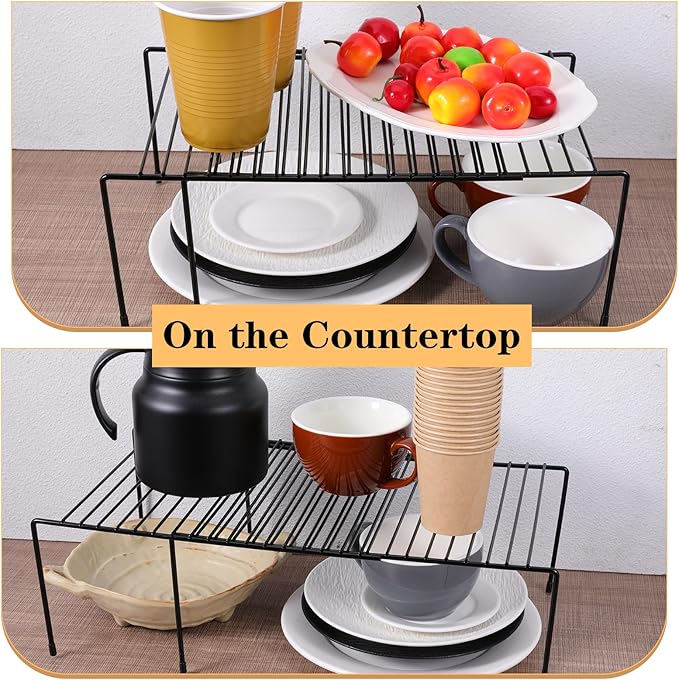 Kitchen Cabinet Organizer Expandable Storage Shelves Cupboard Spice Shelf Rack with Scratch Resistant Feet Metal Kitchen Counter Shelf Freezer Shelfs Rack for Counter Pantry Dish Spice (Black)