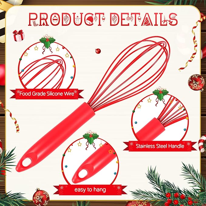 12 Set 10 Inch Christmas Whisks Gifts DIY Fillable Red Baking Supplies Christmas Tree Ornaments Xmas Colored Silicone Whisks with Cards Cooking Heat Resistant Egg Beaters Kitchen Favors