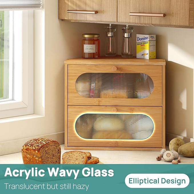 Corner Bread Box for Kitchen Countertop, 2 Tier Corner Bread Box, Bamboo Wood Large Capacity Bread Storage Bin with Acrylic Wavy Door Panel