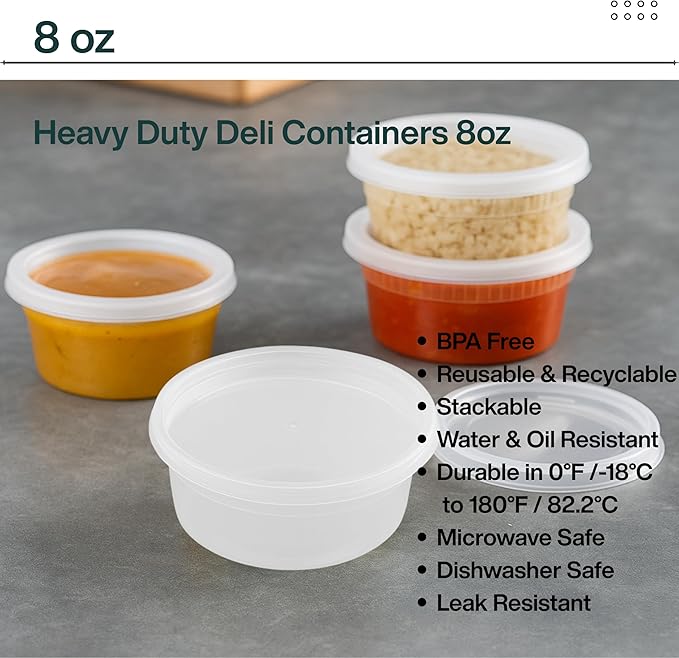[8 oz Heavy-Duty PP Deli Containers with Lids – 20 sets | Microwave & Freezer Safe | Durable, Leak-Resistant & Reusable | Ideal for Food Storage, Meal Prep, Restaurants & Catering
