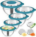 TeamFar Mixing Bowls, Stainless Steel Salad Serving Bowl with Clear Lids & 3 Graters, For Kitchen Cooking Prepping Storing, Size 4.6/2.6/1.5/1/0.7 QT, Nesting & Airtight, Set of 5 & Blue