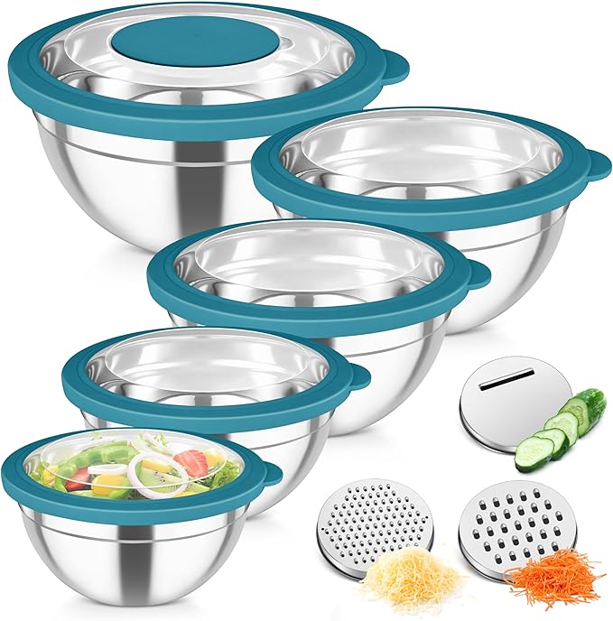 TeamFar Mixing Bowls, Stainless Steel Salad Serving Bowl with Clear Lids & 3 Graters, For Kitchen Cooking Prepping Storing, Size 4.6/2.6/1.5/1/0.7 QT, Nesting & Airtight, Set of 5 & Blue