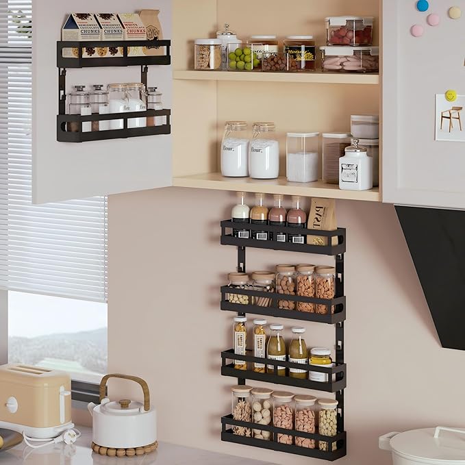 X-cosrack 4-Tier Small Wall Mounted Spice Rack Organizer, Hanging Spice Shelf for Cabinet or Pantry, Height-Adjustable Seasoning Holder for Kitchen Storage, Black