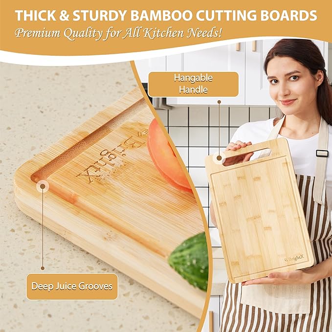 BRIGHTX Large and Small Cutting Boards for Kitchen - [15" x 10", 12"x8"] Chopping Boards for Kitchen, Large Wooden Cutting Board, Non Toxic Cutting Boards | Non-Toxic Bamboo Wood Cutting Board Set
