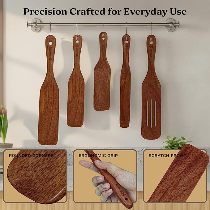 Wooden Spurtle Set – 5 Pcs Acacia Spurtle Spatula for Cooking - Natural Surtle Kitchen Tools for Nonstick Cookware, Salad Mixing, Serving & Stirring