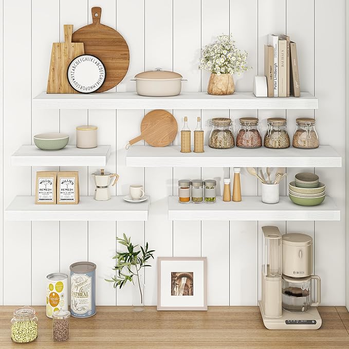 Fun Memories 36Inch Floating Shelves, 9.3Inch Deep Rustic Wall Shelves - Extra Deeper & Thicker Wall Mounted Storage Shelf for Kitchen, Farmhouse - Set of 2 - Rustic White