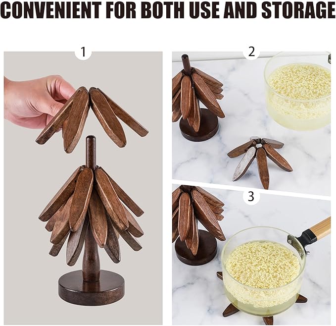 Wooden Trivets for Hot Dishes, Tree-Shaped Wooden Trivet Set, Includes 4 Trivets with Stand, Beech Wood (Walnut)