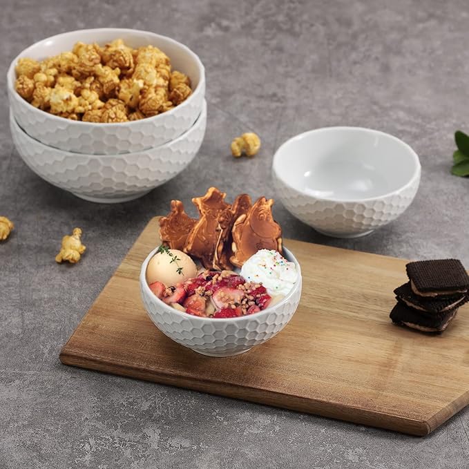 White Porcelain Small Bowls, 4.3 inch Honeycomb Grids Bowls for Ice Cream Yogurt Dessert Fruits 8 Ounce Bowl Set for Food Prep Rice Small Sid