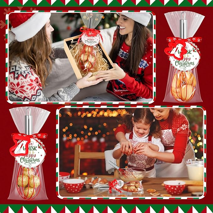 12 Sets Christmas Whisk Gifts Include 10 Inch Stainless Steel Silicone Whisk Xmas Hollow Molds Greeting Cards Ribbons for Neighbor Family Friends Baking Cooking Enthusiast Supplies