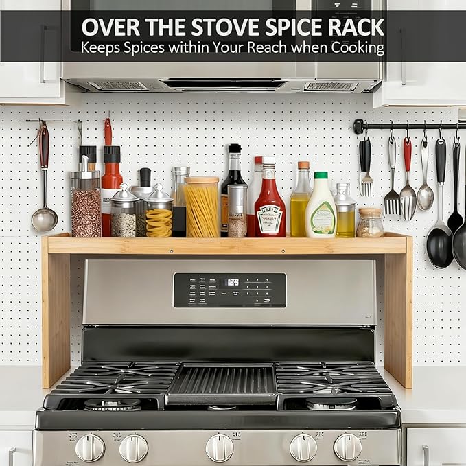 Over the Stove Spice Shelf, 33" Bamboo Stove Top Spice Rack Organizer