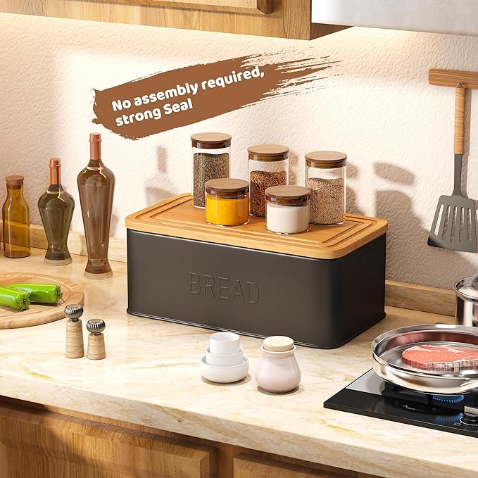FILWH Metal Bread Box with Bamboo Cutting Board Lid, Bread Box with Bread Knife for Kitchen Countertop Countertop Storage for Homemade Bread, Bagels & Muffins (Black, M)