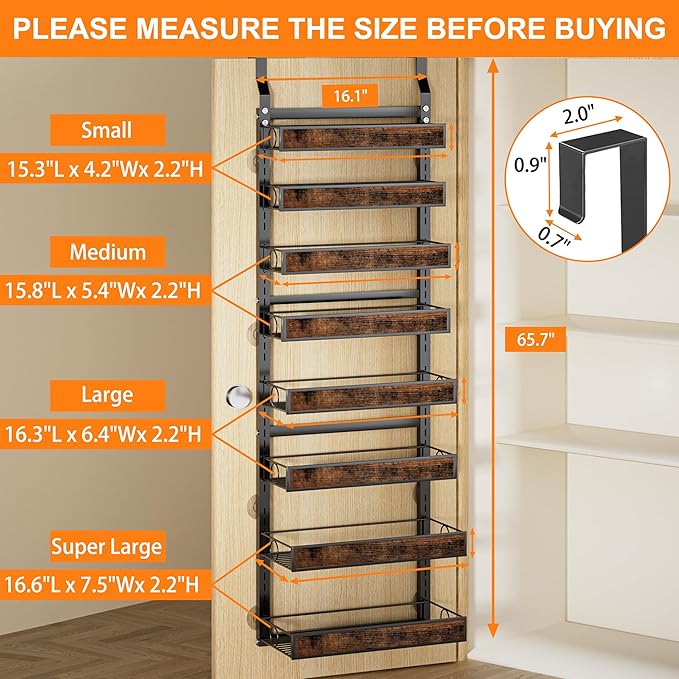 Over The Door Pantry Orangizer,8 Tier Wall Mounted Hanging Spice Rack with Adjustable Wood Basket,Metal Behind Door Storage Shelf for Kitchen Pantry and Bathroom