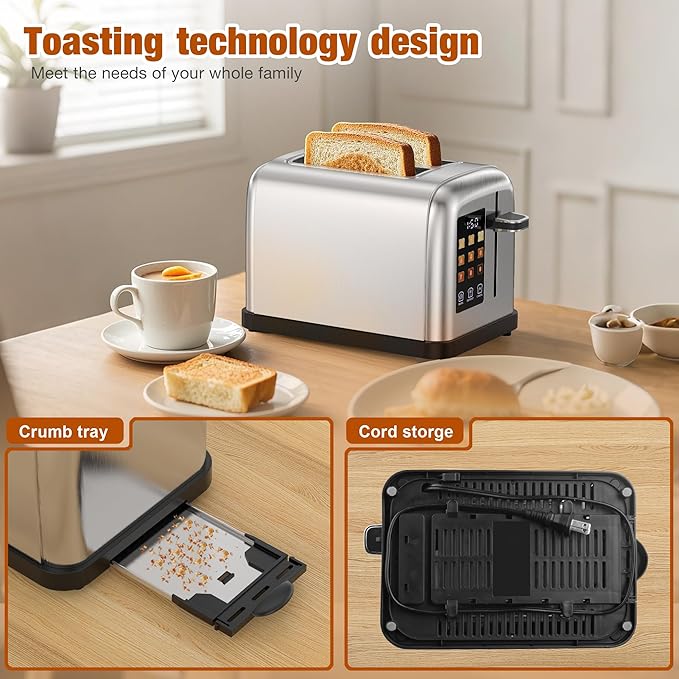 Touch Screen Toaster 2 Slice Stainless Steel Toaster with Digital Countdown Wide Slot LCD Display 2 Slice Toasters Smart Toasters 9 Shade Settings with Defrost/Bagel/Cancel Function