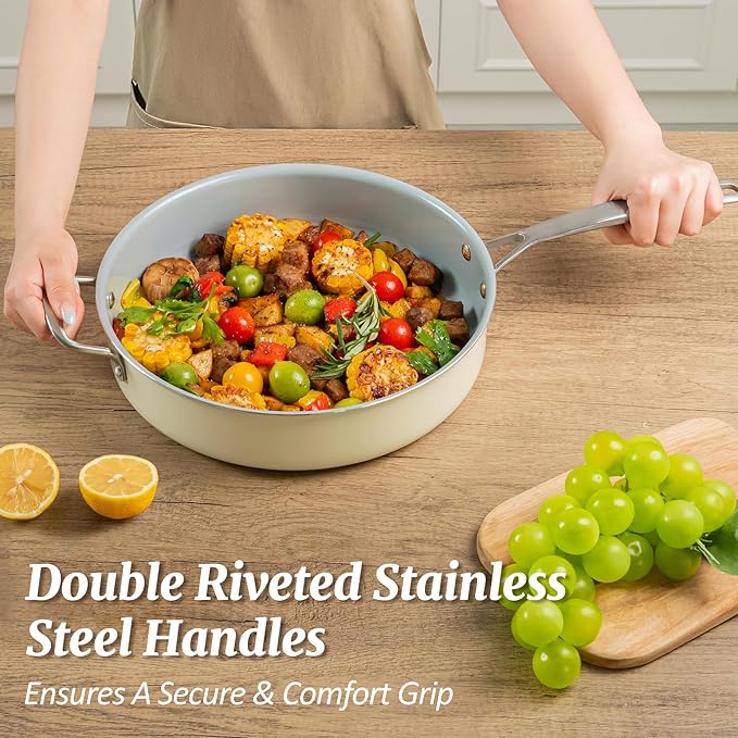Nonstick Sauté Pan with Lid 5 QT Deep Frying Pan with Stainless Steel Helper Handle 12 inch Large Skillet Ceramic Jumbo Cooker for Healthy Cooking, Induction Compatible Cookware, PFOA Free