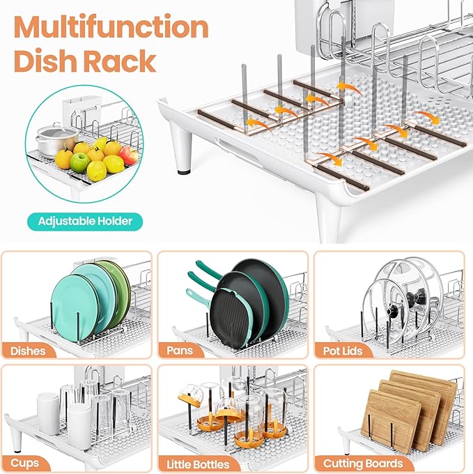 TOOLF Dish Drying Rack - Large Expandable Dish Rack for Kitchen Counter, Stainless Steel Dish Drainer for Kitchen Organization with Cutlery ＆ Cup Holder,White