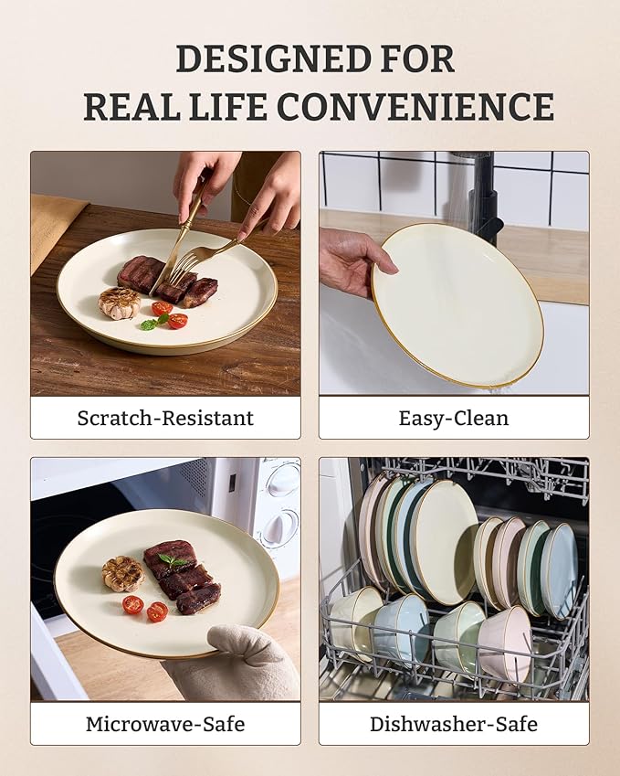 Famiware Saturn Plates and Bowls Dish Sets for 6 (18 Pieces), Stoneware Dinnerware Set with Hand-Painted Trim - Chip & Scratch Resistant, Microwave & Dishwasher Safe Ceramic Dishes, Vanilla White