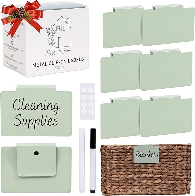 Hygge & Sage: Metal Non-Slip Basket Labels Clip On for Storage Bins, or Wire Racks | Includes 8 Labels, 8 Non-Slip Pads, and 2 Free Markers (Sage Green)