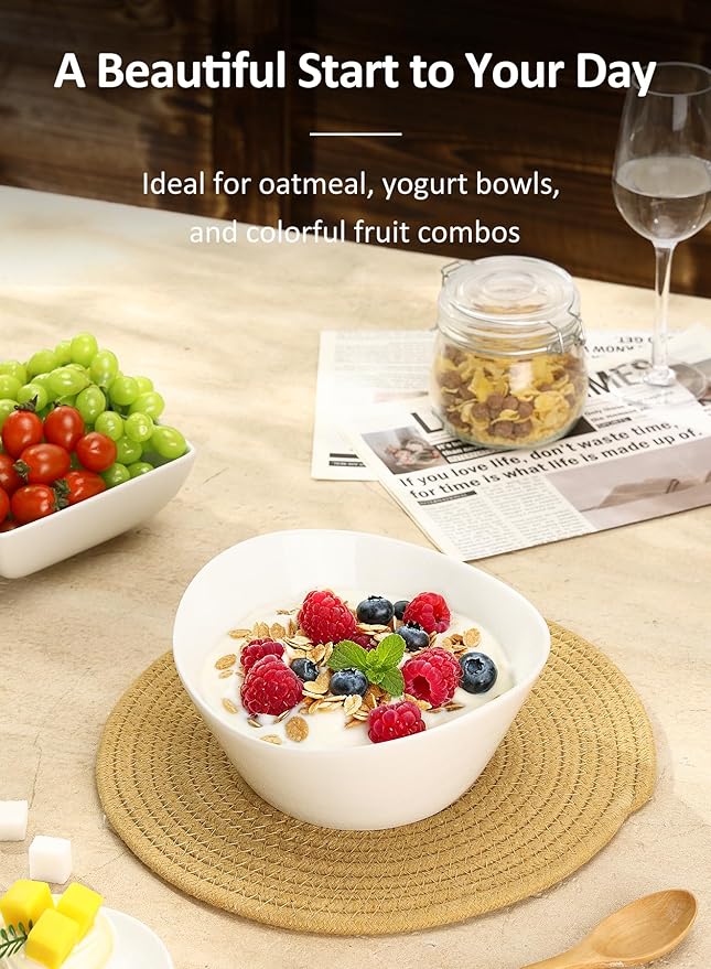 Yedio 48 oz Porcelain Salad Bowls Set of 4 – Large Serving Bowls for Pasta, Soup, Oatmeal, Snacks – Microwave & Dishwasher Safe, White Kitchen Bowl Set