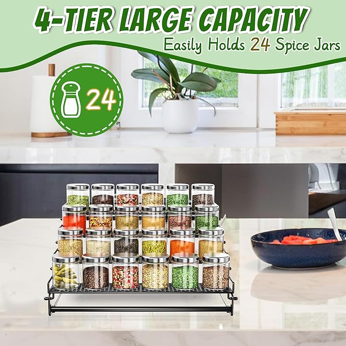 4 Tiered Countertop Spice Rack Organizer for Cabinet, Metal Tiered Spice Holder Storing 24 Spices Jars, Multipurpose Seasoning Shelf for Cupboard, Pantry, Kitchen Storage (1 Pcs)
