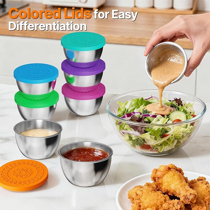 2.5 ozx 8 Pack Sauce Containers for Lunch Box,Salad Dressing Containers To Go,Small Stainless Steel Container with Silicone Lids,Picnics,Travel Meal Prep And Kitchen Storage