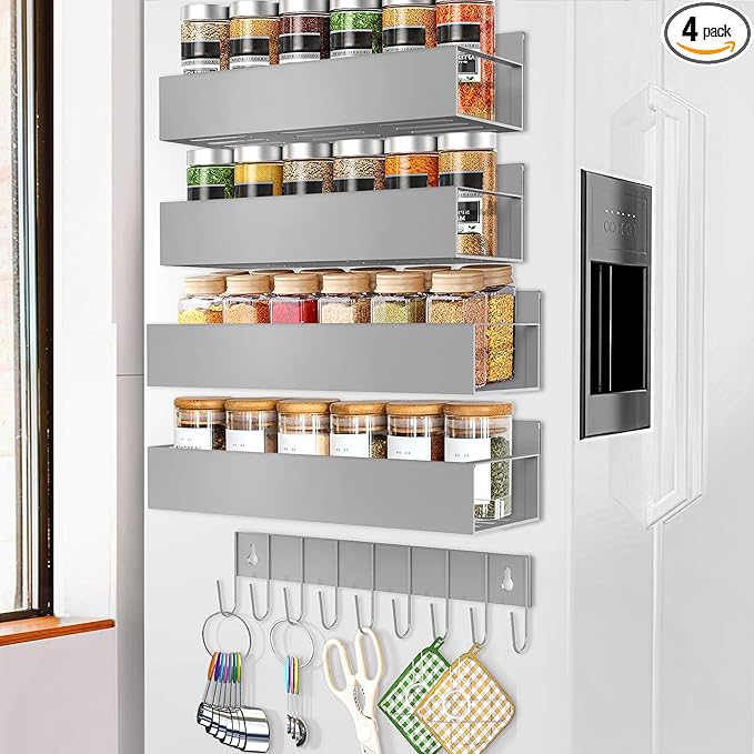Magnetic Spice Rack Organizer for Fridge Seasoning Organizer for Kitchen storage with Screw Magnetic Shelf with Hook for Refrigerator and Oven (4pack1hook-Grey)