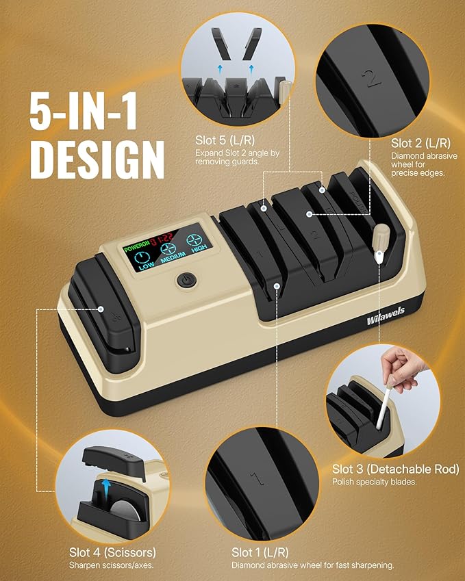 Electric Knife Sharpener, 5-in-1 Scissor Sharpeners, 3 Rotational Speed Adjustable Electric Knife Sharpener for Straight/Serrated/Ceramic Knives, Scissors, Chef Knives, Axes, Gold G01KS06