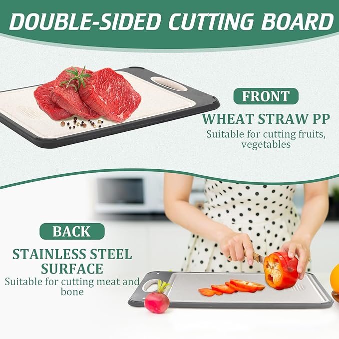 Patelai 3 Pack Stainless Steel Cutting Board Double Sided Cutting Board Large 304 Stainless Steel Wheat Straw PP for Kitchen Chopping, Easy to Clean (14 x 9.6 Inch,15.7 x 10.6 Inch,17.7 x 12.2 Inch)
