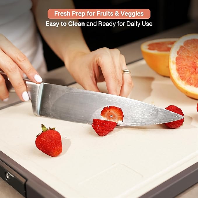 Extra-Large Cutting Board 19"x12.6" – Dual-Sided 304 Stainless Steel & Wheat Straw PP, Reversible Design with Juice Groove, Dishwasher Safe, Built-in Handle, Designed for Meat, Fruit, & Vegetable Prep