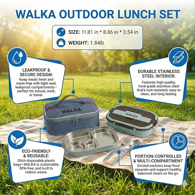 WALKA Lunch Box Stainless Steel, Metal Bento Boxes Leak-Proof, 4 Compartments Bento Lunch Box, Food Storage Containers, Dishwasher Safe with Bag (Blue)