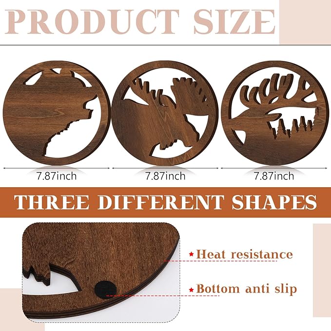 3 Pcs Bear Deer Moose Trivets for Hot Dishes, Wooden Decorative Trivets Cabin Theme Pot Holders Heat Resistant Hot Pad Rustic Lodge Kitchen Home Decorations, 7.9 Inch