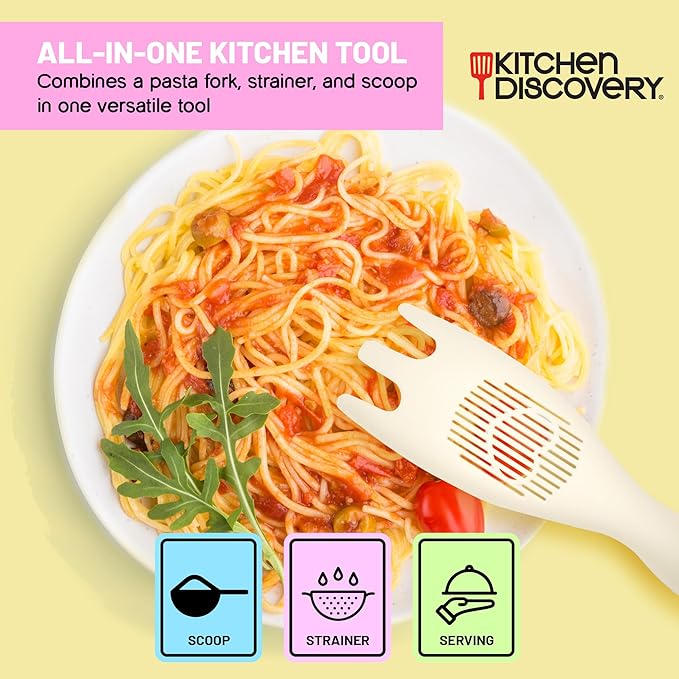 Multifunctional Scoop Strainer – Kitchen Discovery – Slotted Colander Spoon Scoops and Drains, Serves Rice, Separates Eggs, Sprinkles Powdered Sugar 8x2.25x1.25
