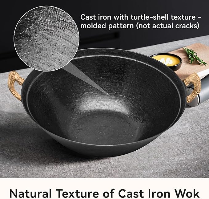 WANGYUANJI 14.2 inch Flat-Bottom Cast Iron Wok Pan with Lid, Dual Handles, Traditional Handcrafted Chinese Wok, Coating-Free, Not Pre-Seasoned — Works with Induction/Gas/Ceramic Cooktops