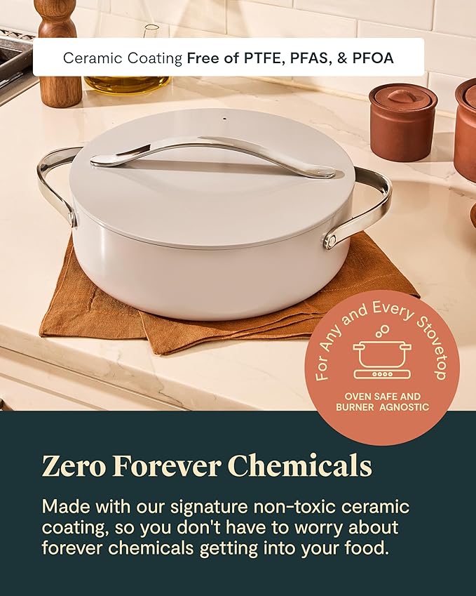 Caraway Rondeau - 6 Qt Non-Stick Pan with Lid - Free From Forever Chemicals - Perfect for Searing, Braising, & Roasting - White