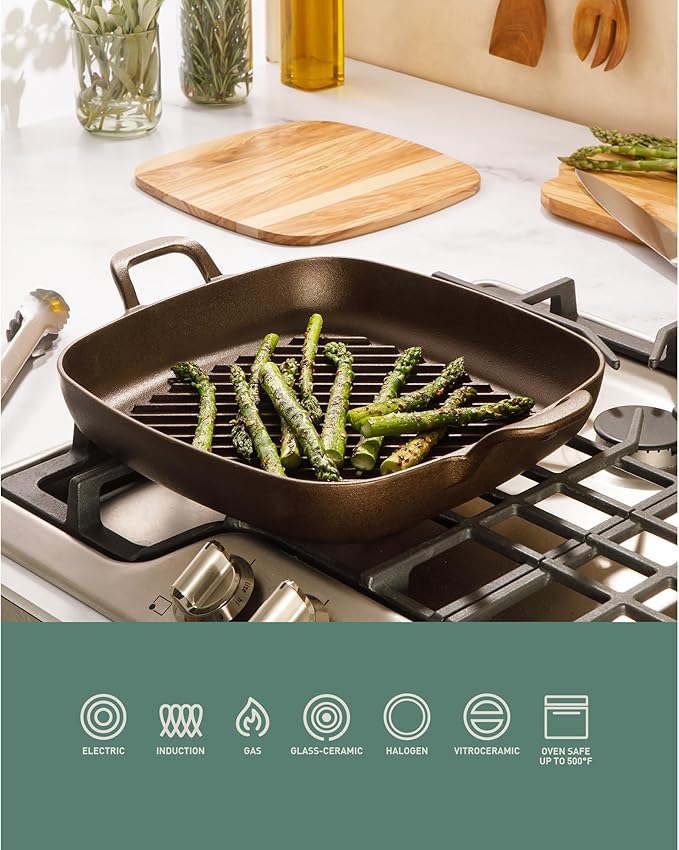 Bloomhouse - Two Time Oprah's Favorite Things Winner - Natural Bronze Finish 12" Square Cast Iron Grill Pan – Olive Oil Treated Surface w/Dual Handles & Olive Wood Trivet, Oven Grill Campfire Safe