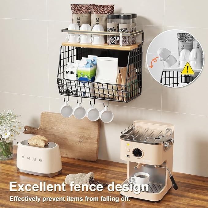 Magnetic Shelf for Fridge with Wood Lid, Fruit and Vegetable Storage Organizer, Wall Mounted Baskets with 4 Hooks, Magnetic Spice Shelves for Refrigerator, Countertop and Pantry