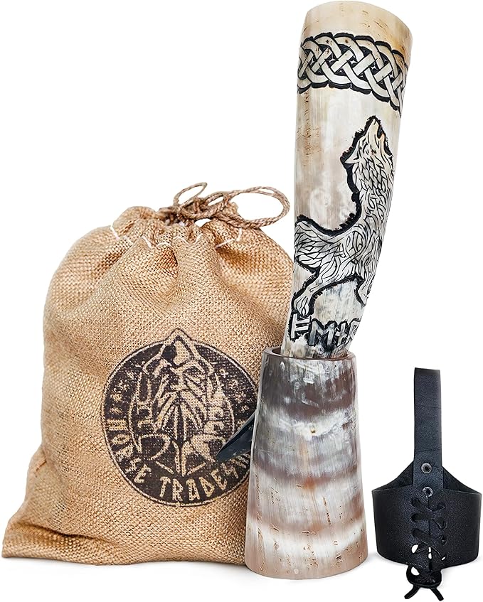 Norse Tradesman Genuine 12" Ox-Horn Viking Drinking Horn with Exquisite Hand Engraved Wolf & Celtic Knot, Black Leather Belt Holster, Fitted Stand & Burlap Gift Sack Included - Wolfsbane, 12-In