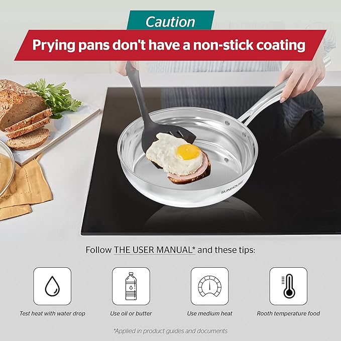Sunhouse – 9.5 Inch / 24 cm Stainless Steel Frying Pan, Tri-Ply Stainless Steel Construction, PFOA-FREE, Stay-Cool Handle, Induction Compatible with All Cooktops, Dishwasher Safe