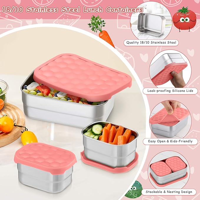Homikit 3 Pack Kids Lunch Box Set, 18/10 Stainless Steel Bento Boxes with Silicone Lids Leak Proof, 5 Cups Reusable Metal Food Snack Containers for School Daycare, Nontoxic & Dishwasher Safe, Pink