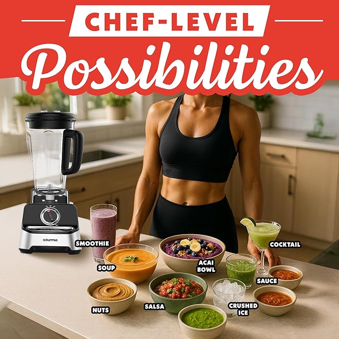Gourmia Heavy Duty Countertop Blender – 2L BPA-Free Pitcher, 1500W High-Speed Motor, 45,000 RPM, 4 Presets, Variable Speed Dial, Built-In Tamper, Dishwasher-Safe Parts, Stainless Steel