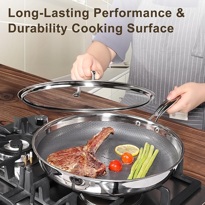 GiPP Tri-Ply Stainless Steel Frying Pan, 10 inch Hybrid Frying Pans Nonstick Skillets, Dishwasher and Oven-Safe, Induction Ready, Compatible with All Cook tops, PFOS/PFOA Free