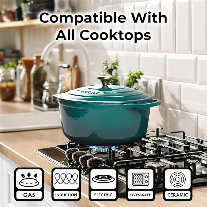 Zulay Kitchen 6 Quart Enameled Cast Iron Dutch Oven Pot with Lid – Premium Durability & Oven Safe up to 500°F – Heavy Duty Cookware Perfect for Bread Baking, Stews, Braising & Roasting – Emerald