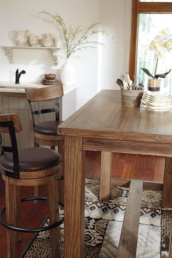 Signature Design by Ashley Pinnadel |24.25" Counter-Height Swivel Bar Stool – Modern Farmhouse, Faux Leather, 360° Swivel, Nailhead Trim, Rustic Light Brown