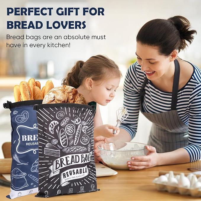 Bread Bag, 2 Packs Reusable Sourdough Storage Bag With Zipper for Homemade Loaf- Large Freezer Container Bread Box to Keep Bread Fresh (Black, L)